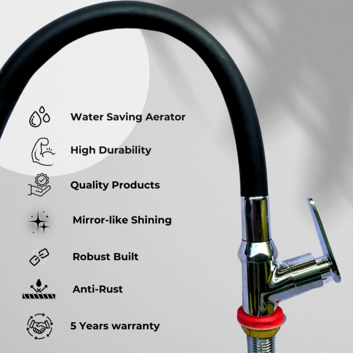 Single Flow Swan Neck Tap with 360° Flexible Silicone Spout, Matt Black & Chrome Finish – Deck Mounted for Wash Basin and Kitchen Sink - Image 3