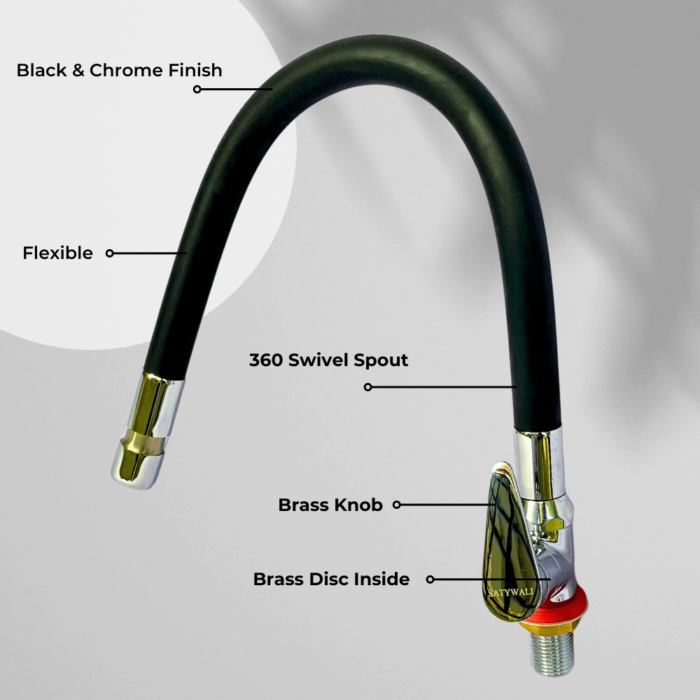 Single Flow Swan Neck Tap with 360° Flexible Silicone Spout, Matt Black & Chrome Finish – Deck Mounted for Wash Basin and Kitchen Sink - Image 2